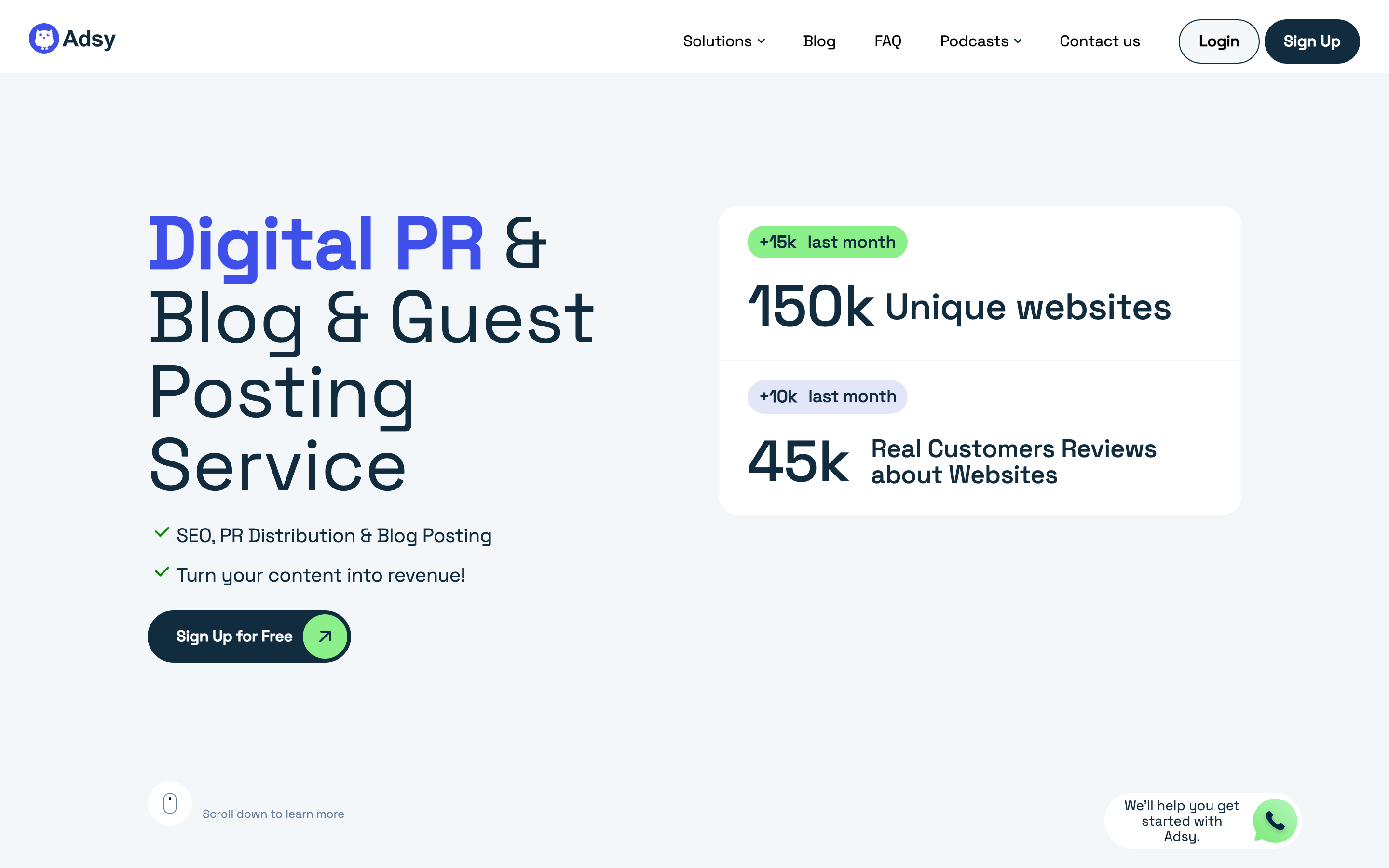 Adsy homepage headlined Digital PR and Blog and Guest Posting Service, with stats showing 150k unique websites and 45k real customer reviews about websites.