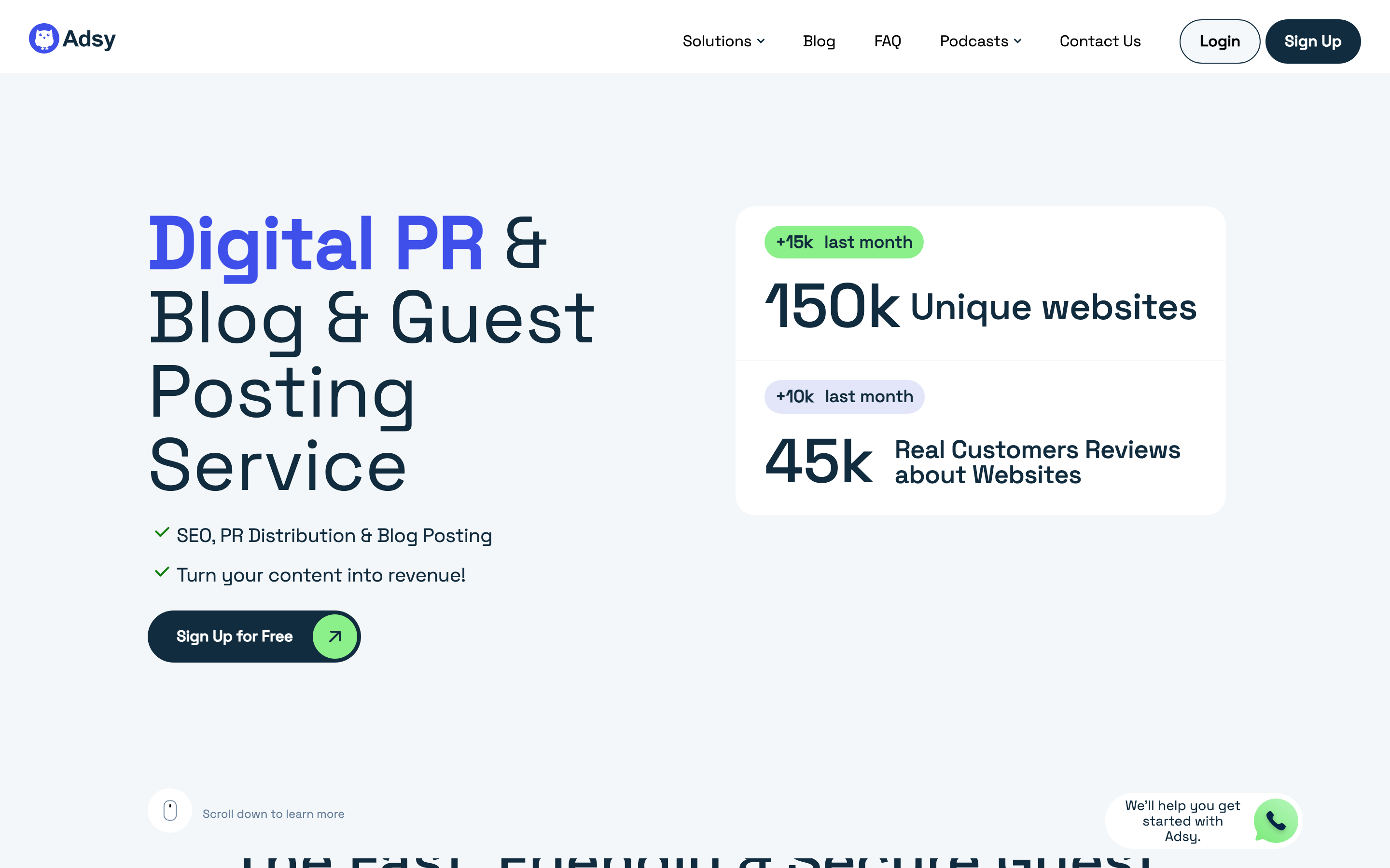 Adsy homepage headlined Digital PR & Blog & Guest Posting Service, with stats showing 150k unique websites and 45k customer reviews.