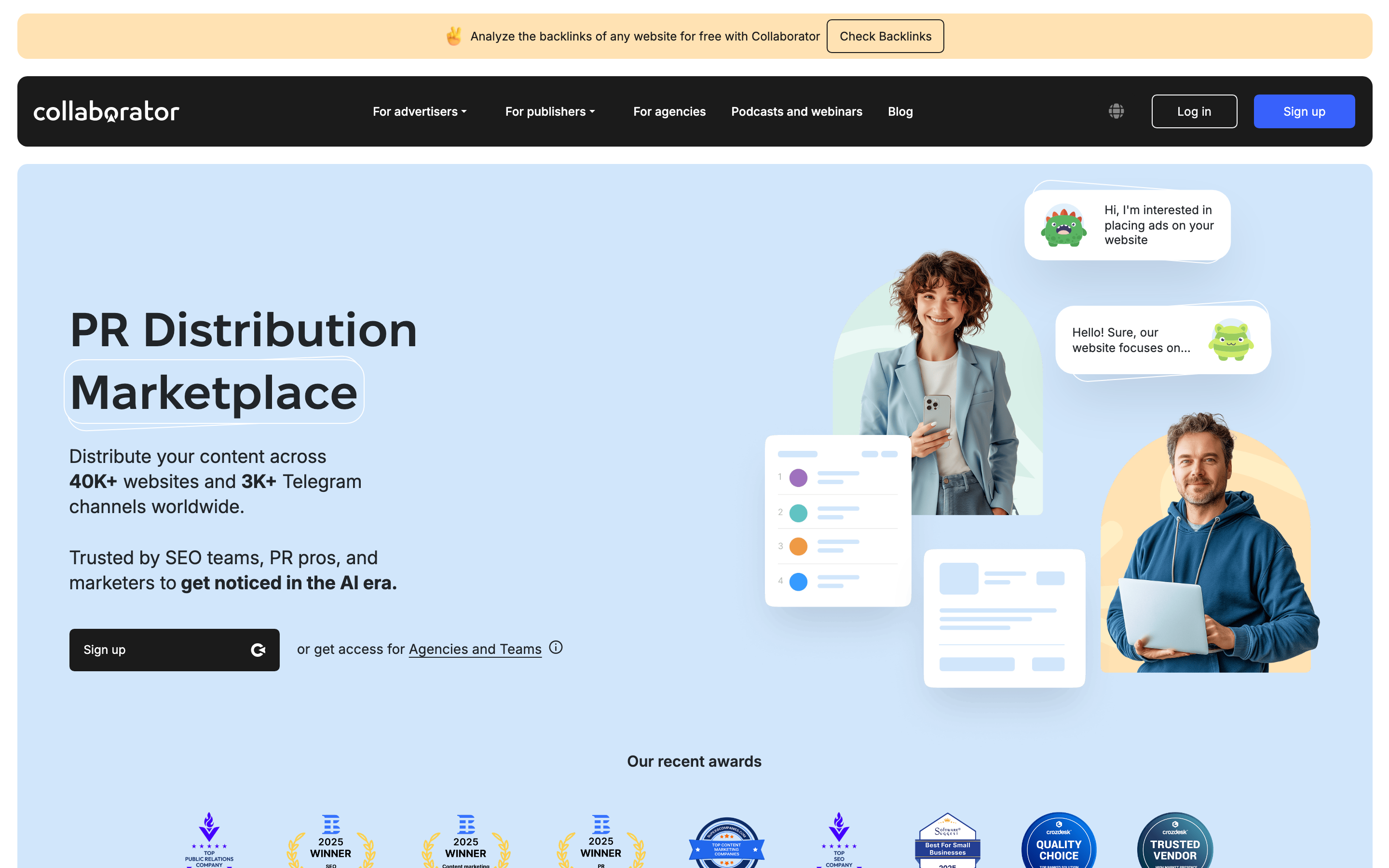 Collaborator homepage headlined PR Distribution Marketplace, describing content distribution across 40K+ websites and 3K+ Telegram channels worldwide.