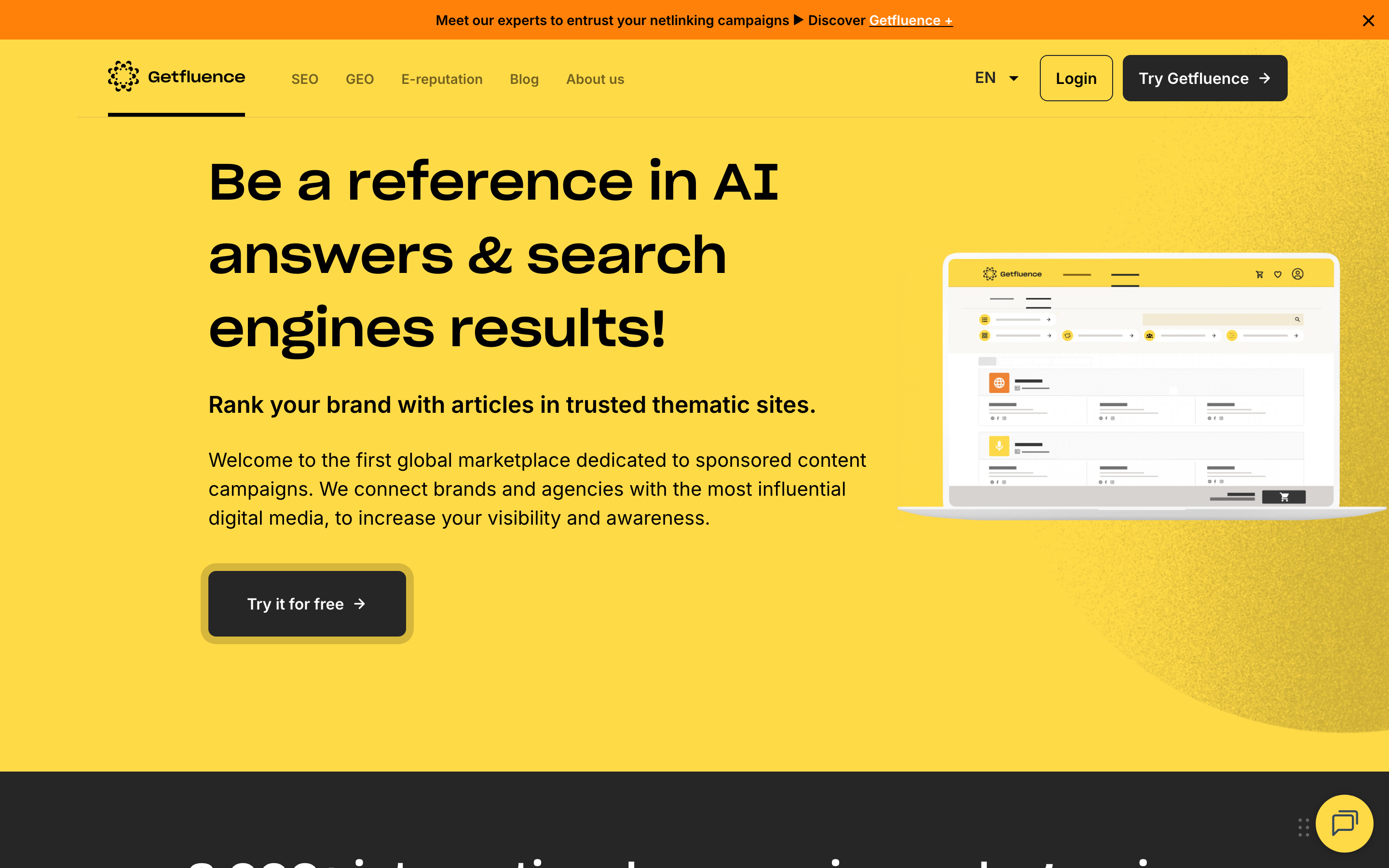 Getfluence homepage headlined Be a reference in AI answers & search engine results, positioning itself as a marketplace for sponsored content on trusted thematic media.