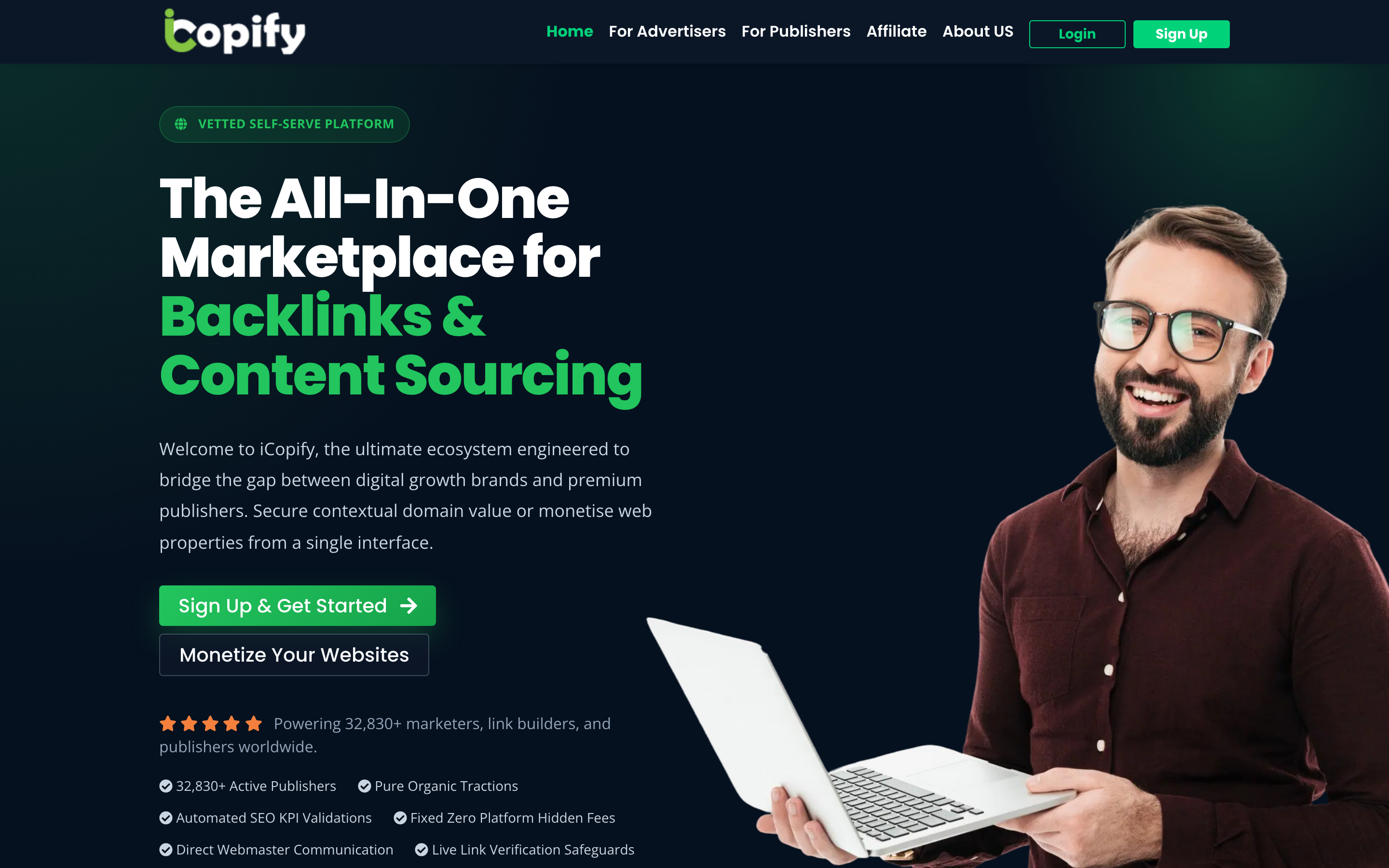 iCopify homepage headlined The All-In-One Marketplace for Backlinks & Content Sourcing, listing a vetted self-serve platform with 32,830+ active publishers.