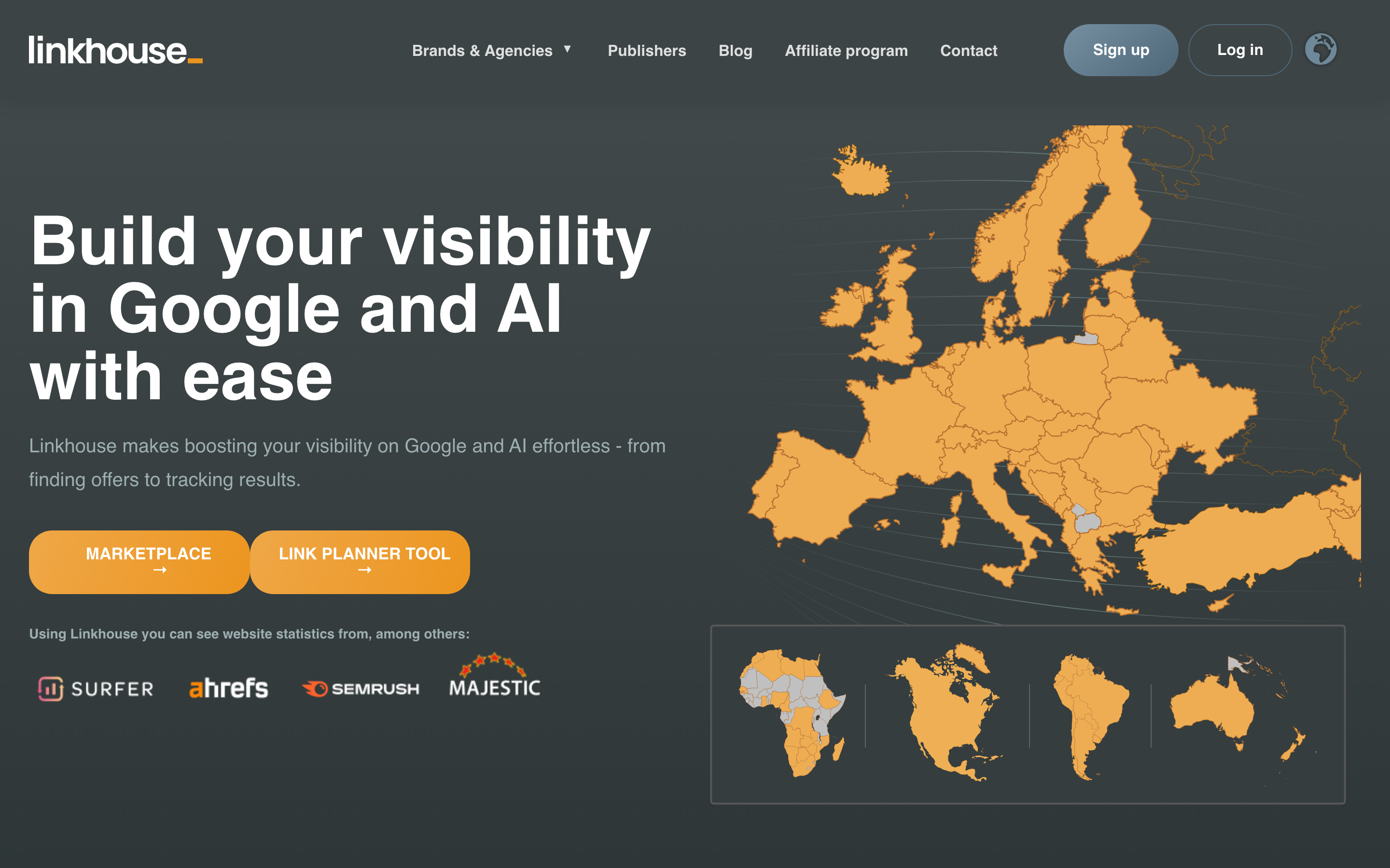 Linkhouse homepage headlined Build your visibility in Google and AI with ease, showing a map of Europe, buttons for its Marketplace and Link Planner tool, and logos for Surfer, Ahrefs, Semrush, and Majestic.