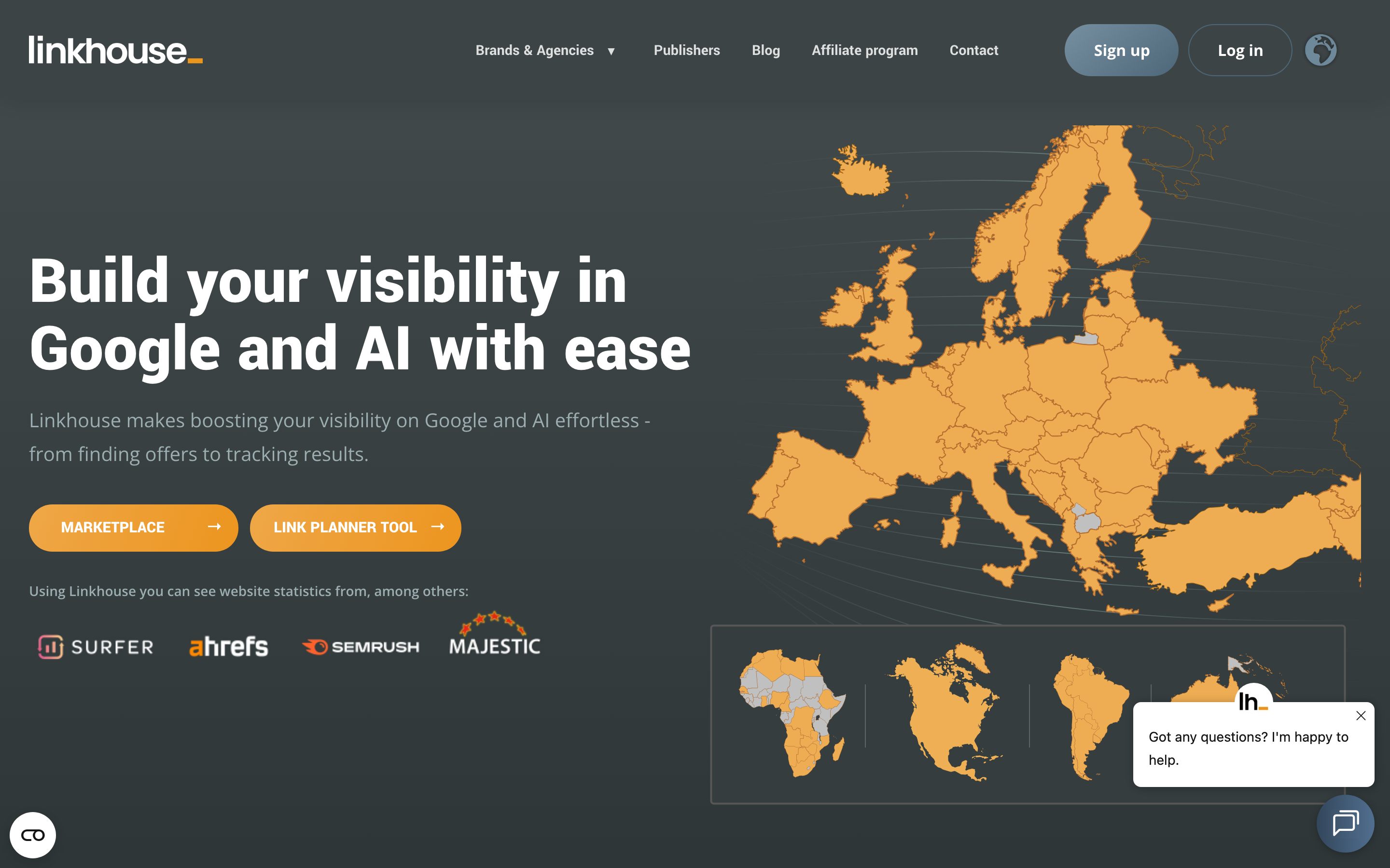Linkhouse homepage headlined Build your visibility in Google and AI with ease, showing a map of Europe and buttons for its Marketplace and Link Planner tool.