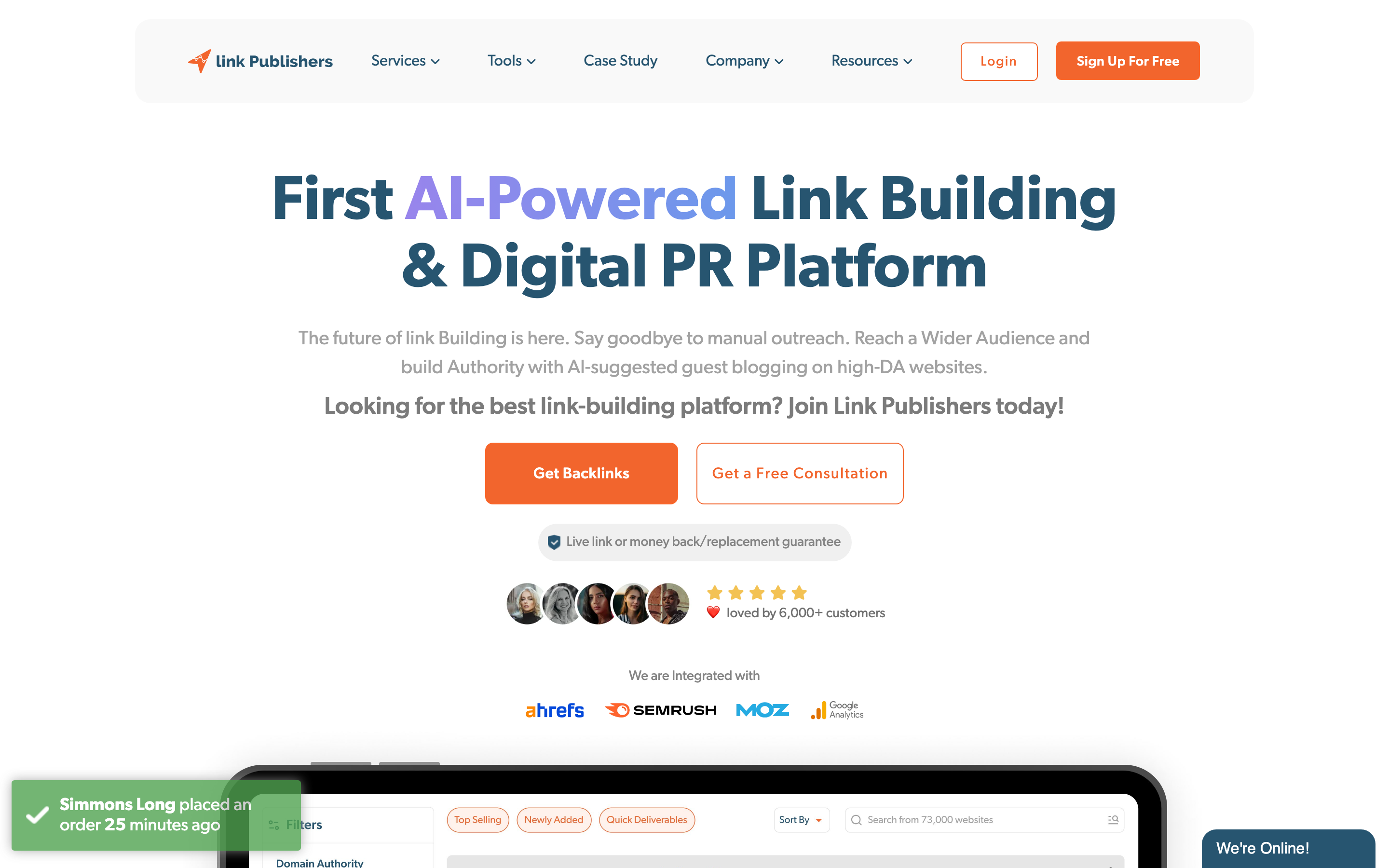 Link Publishers homepage headlined First AI-Powered Link Building & Digital PR Platform, with a live-link money-back guarantee badge and a claim of 6,000+ customers.