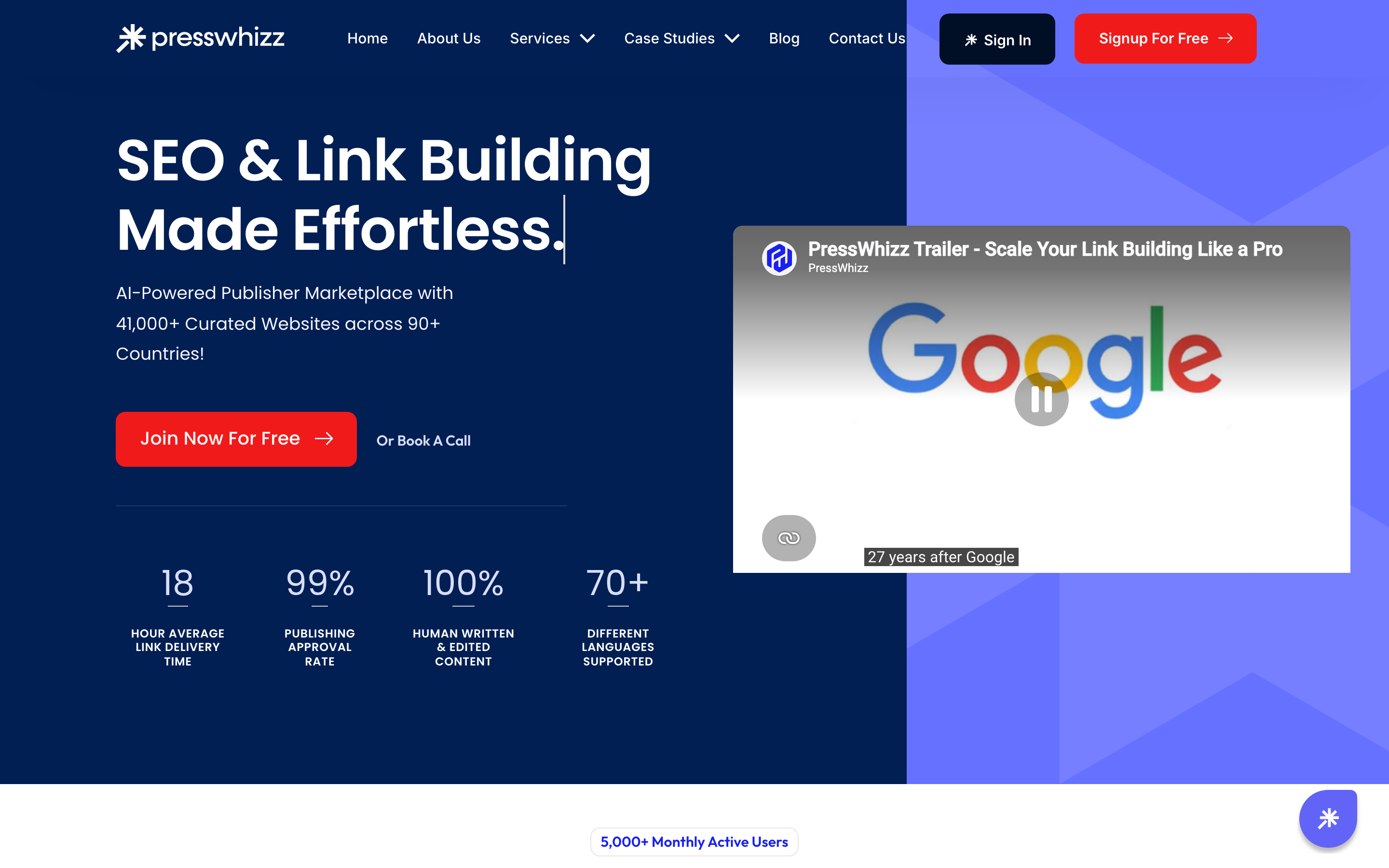 PressWhizz homepage hero describing an AI-powered publisher marketplace with 41,000+ curated websites across 90+ countries, with stats for an 18-hour average link delivery time and a 99% publishing approval rate.