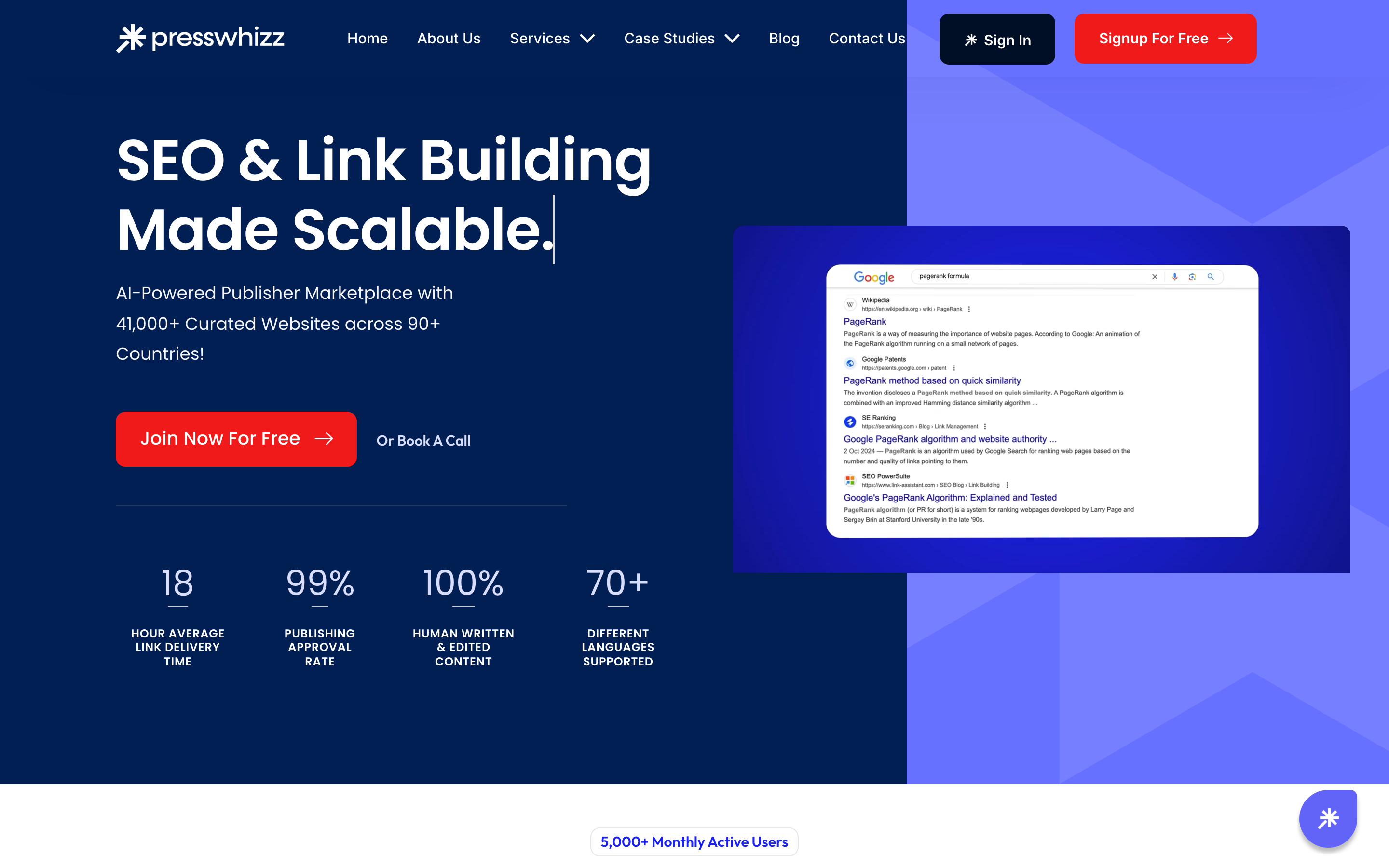 PressWhizz homepage headlined SEO & Link Building Made Scalable, describing an AI-powered publisher marketplace with 41,000+ curated websites across 90+ countries.