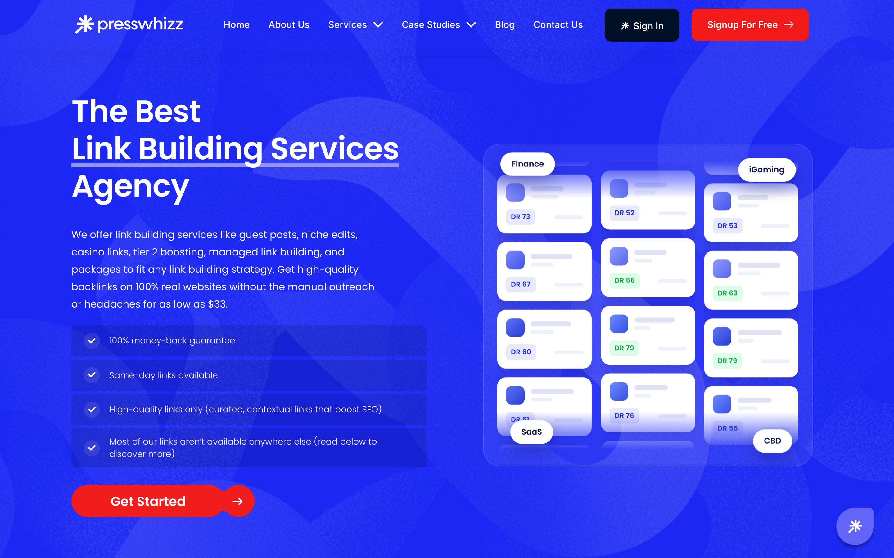 PressWhizz services page describing a link building services agency selling guest posts, niche edits, casino links, and tier 2 boosting from $33, with a 100% money-back guarantee badge and cards showing DR 52 to DR 79 sites.