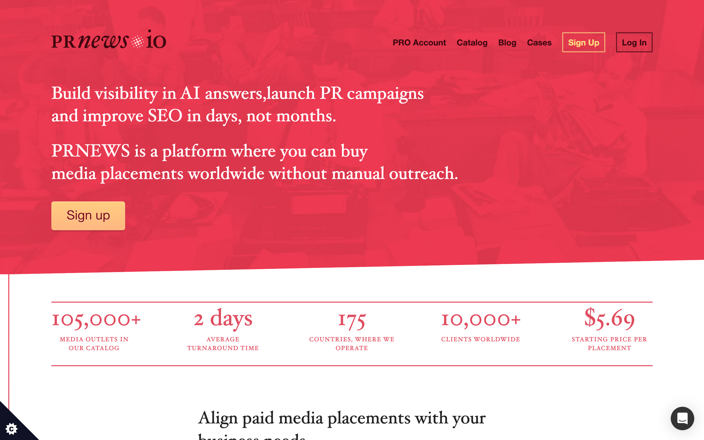 PRNEWS.IO homepage headlined Build visibility in AI answers, with stats: 105,000+ media outlets, 175 countries, and a starting price of $5.69 per placement.