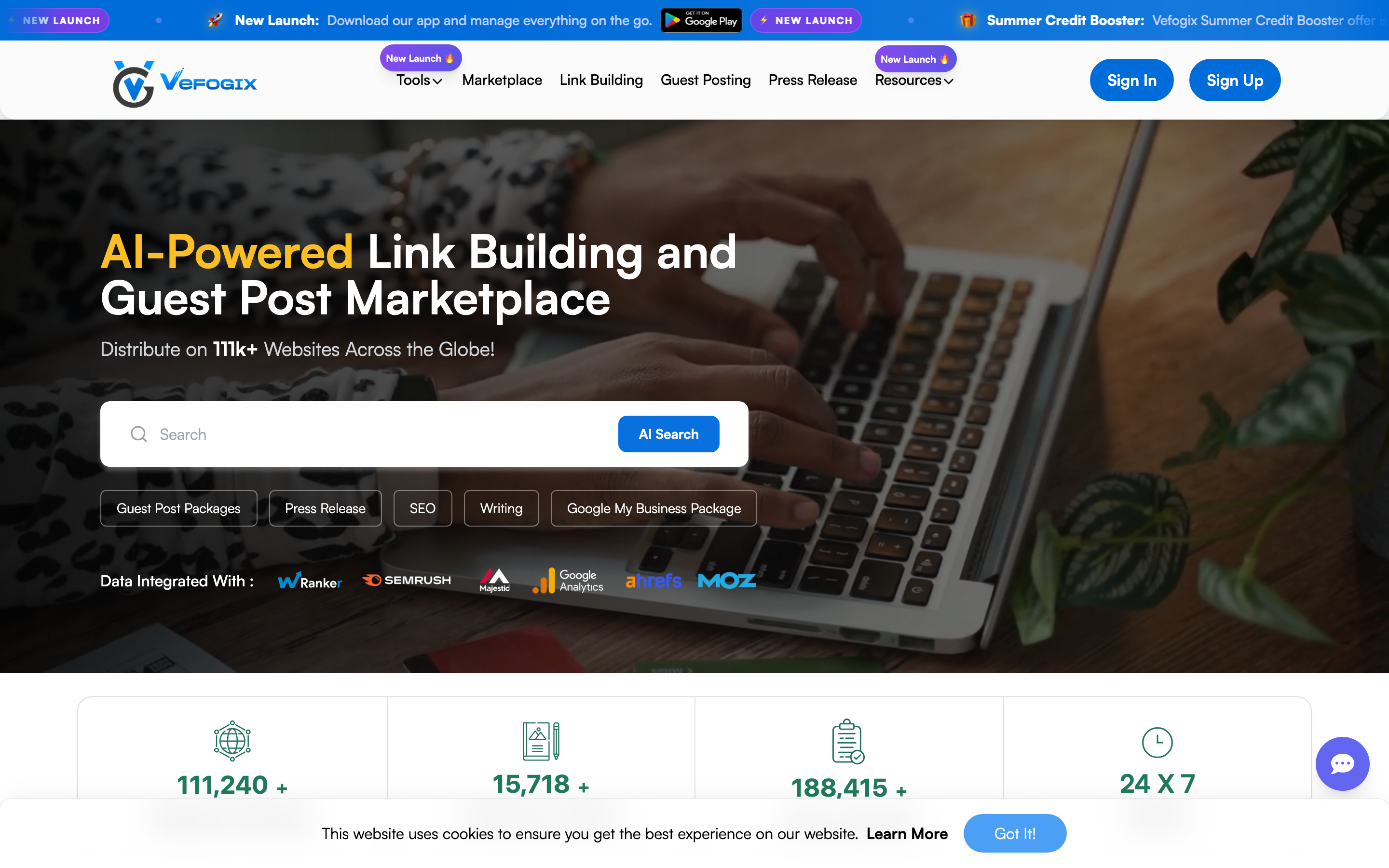 Vefogix homepage headlined AI-Powered Link Building and Guest Post Marketplace, with a search bar and stats claiming distribution across 111,000+ websites.