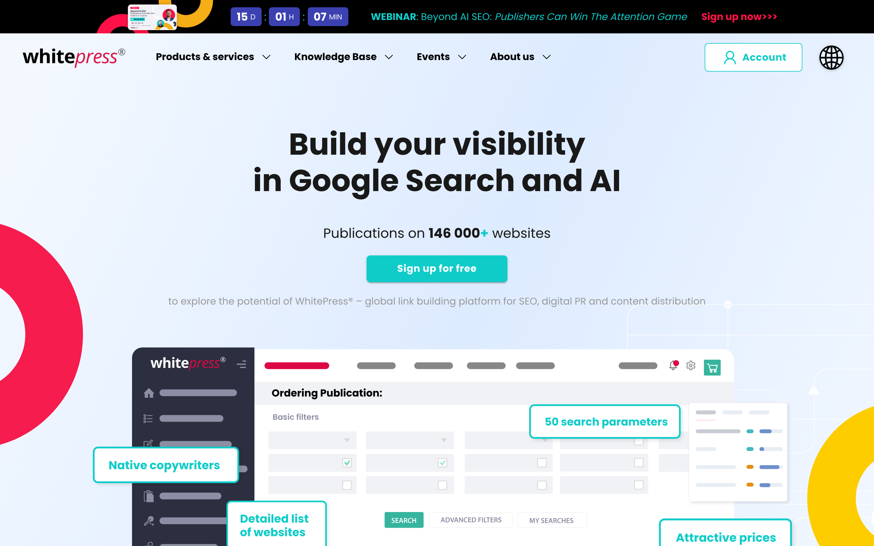 WhitePress homepage headlined Build your visibility in Google Search and AI, advertising publications on 146,000+ websites with a free signup.