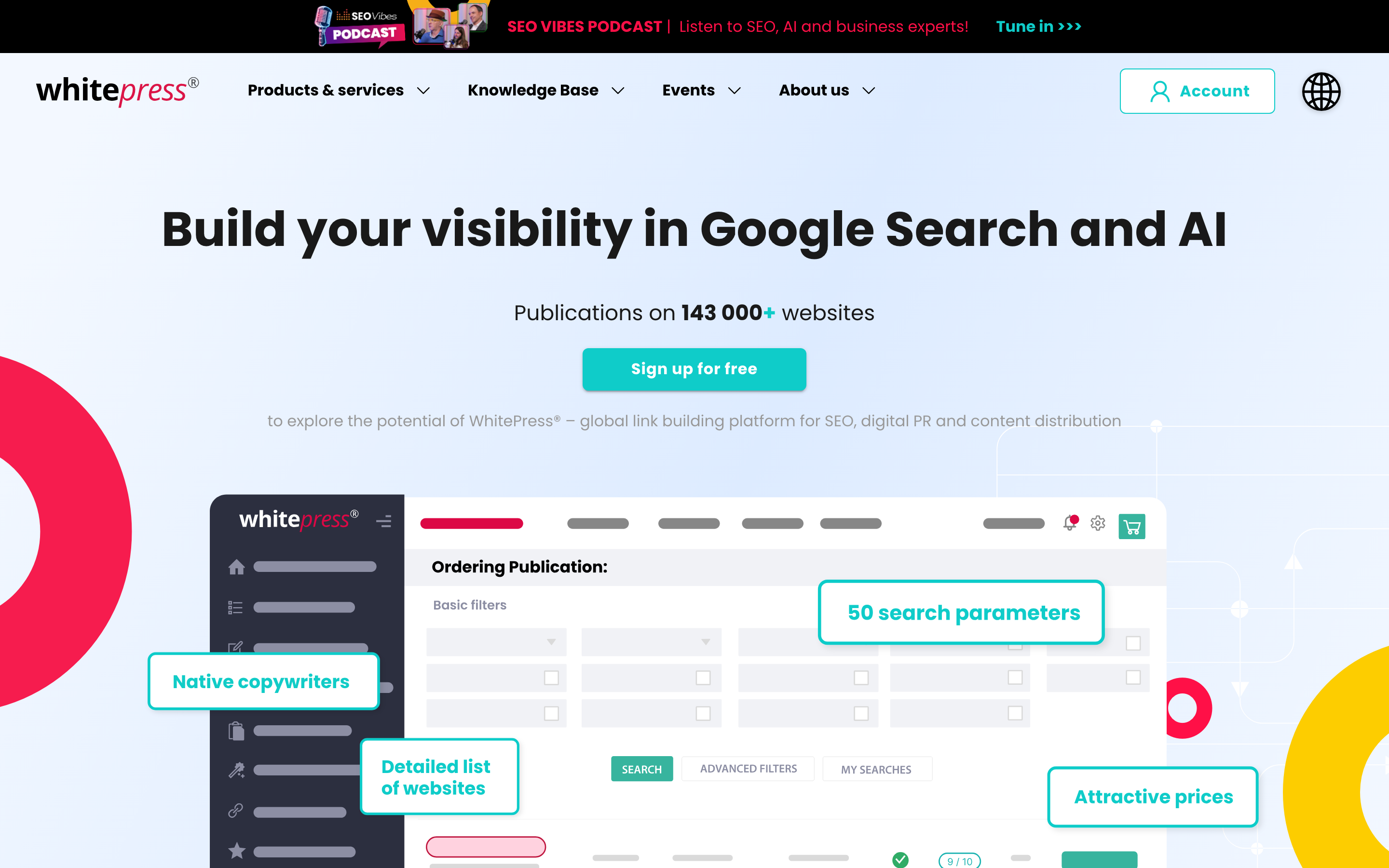 WhitePress homepage headlined Build your visibility in Google Search and AI, advertising publications on 143,000+ websites with a free signup.