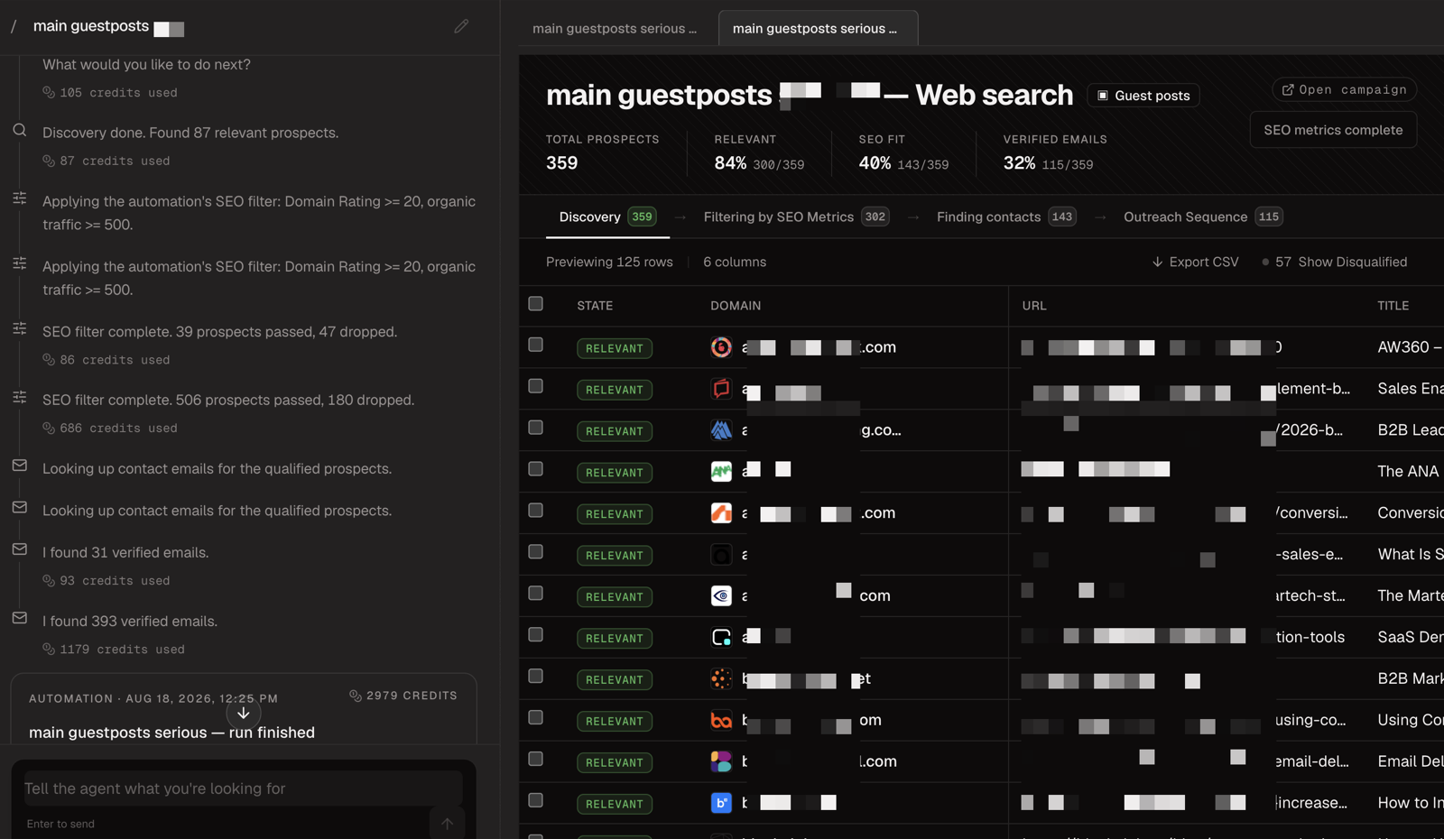 AutoBacklinks agent interface: an activity log on the left showing discovery, SEO filtering at Domain Rating 20 plus, contact lookup, and verified emails found, next to a prospect pipeline with Discovery 359, Filtering by SEO Metrics 302, Finding contacts 143, and Outreach Sequence 115.