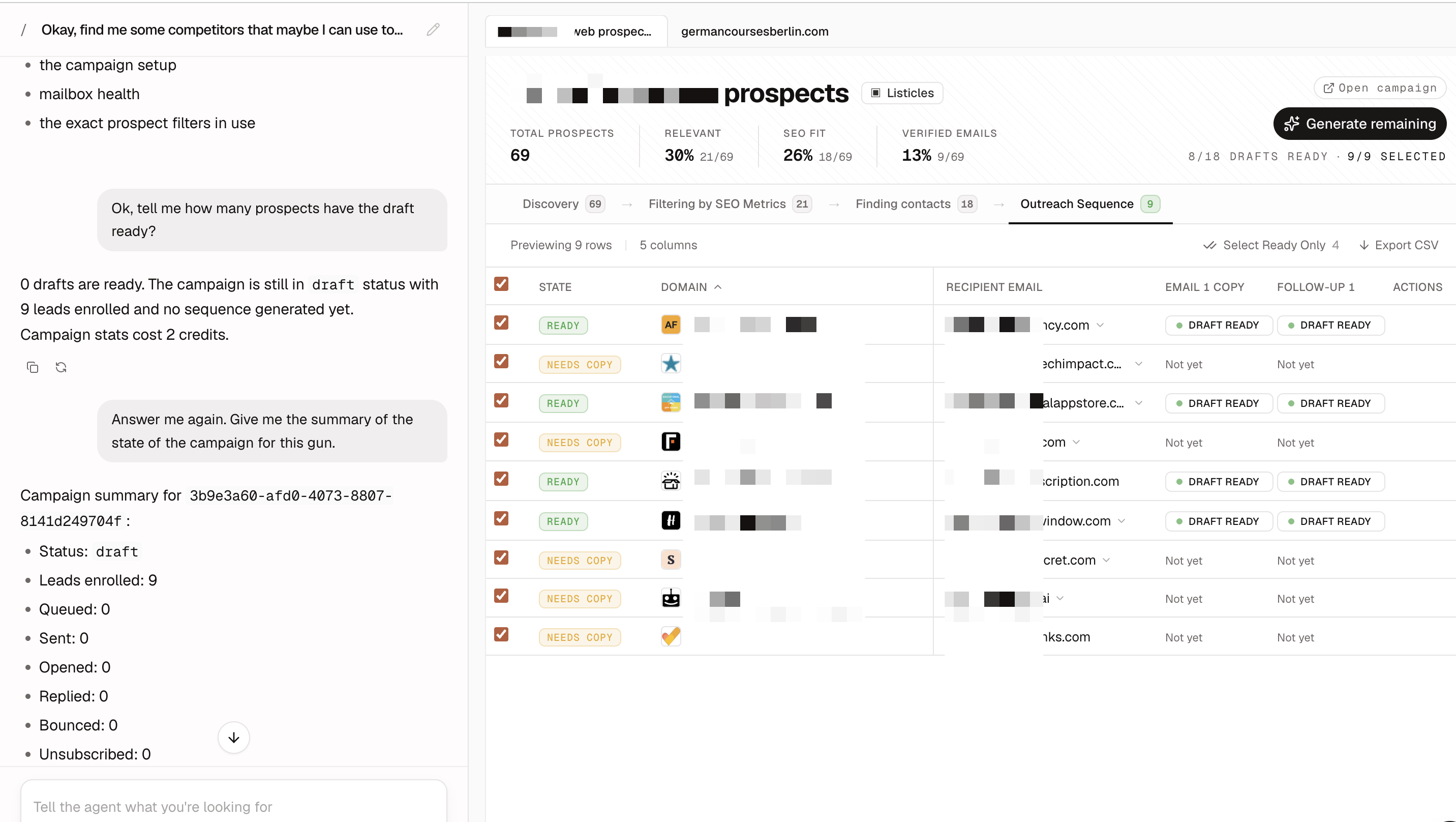 AutoBacklinks AI agent chat on the left setting up a campaign, next to a prospect table with Discovery, Filtering by SEO Metrics, Finding contacts, and Outreach Sequence tabs.