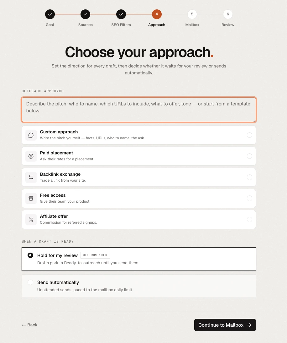 AutoBacklinks campaign wizard step four, Choose your approach, with options for custom approach, paid placement, backlink exchange, free access, and affiliate offer, plus a choice between hold for my review and send automatically.
