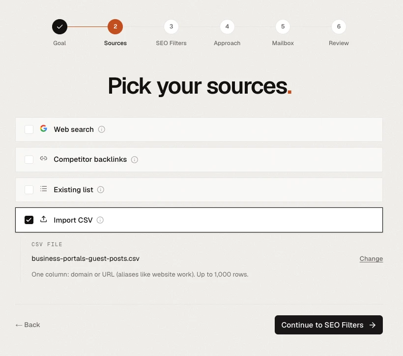 AutoBacklinks campaign wizard step two, Pick your sources, with checkboxes for Web search, Competitor backlinks, Existing list, and Import CSV, with a CSV file selected.