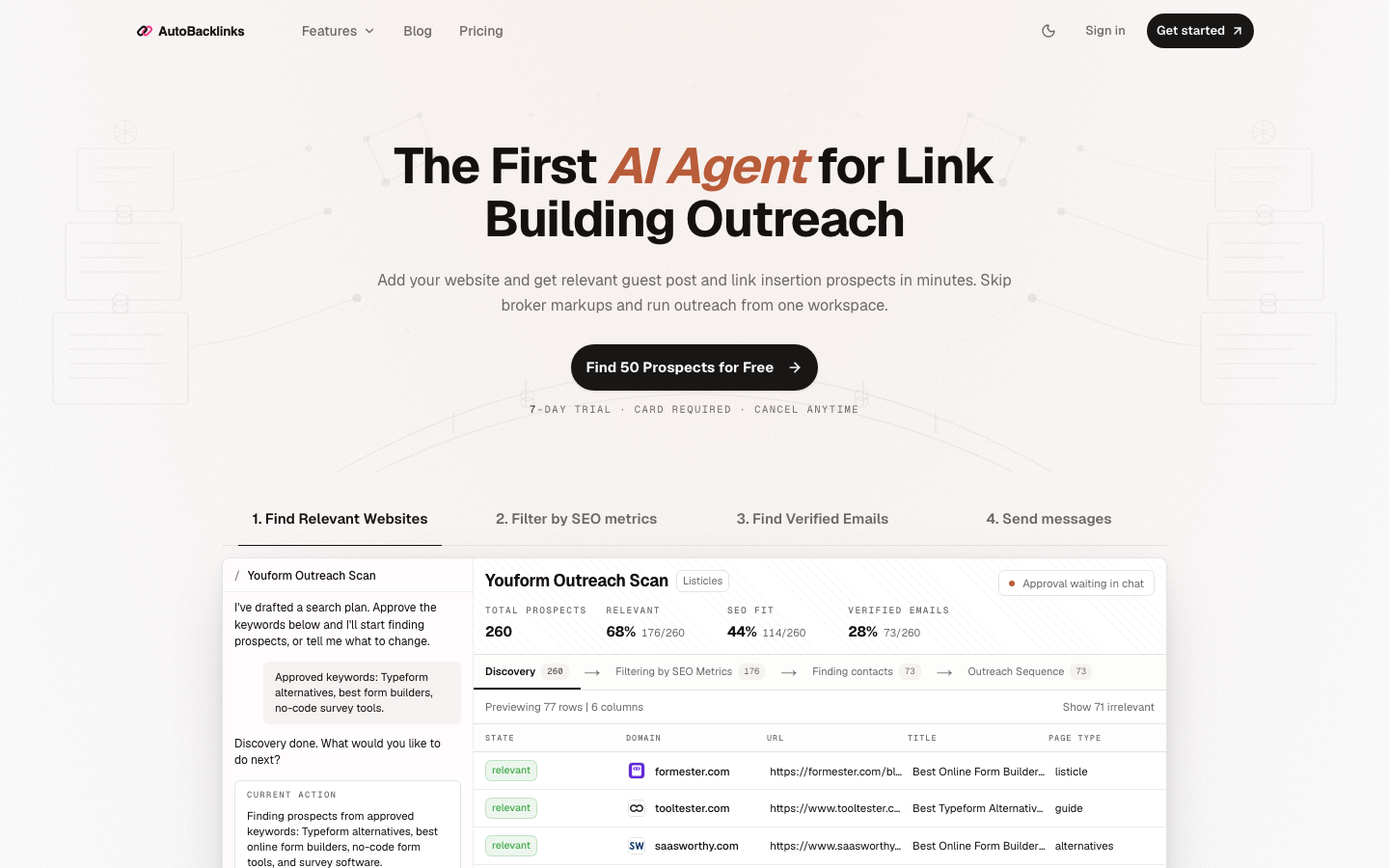 AutoBacklinks homepage headlined The First AI Agent for Link Building Outreach, with an outreach scan preview scoring relevant websites below the hero.