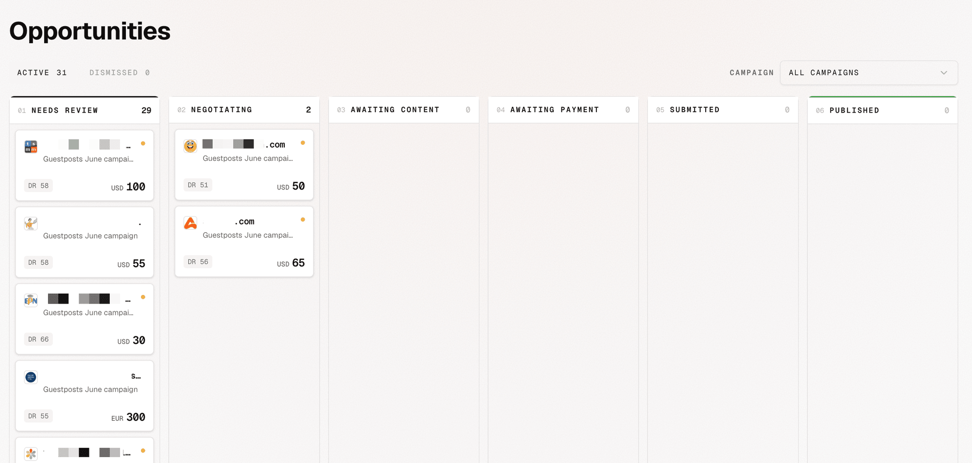 AutoBacklinks Opportunities kanban board with columns for Needs Review, Negotiating, Awaiting Content, Awaiting Payment, Submitted, and Published.