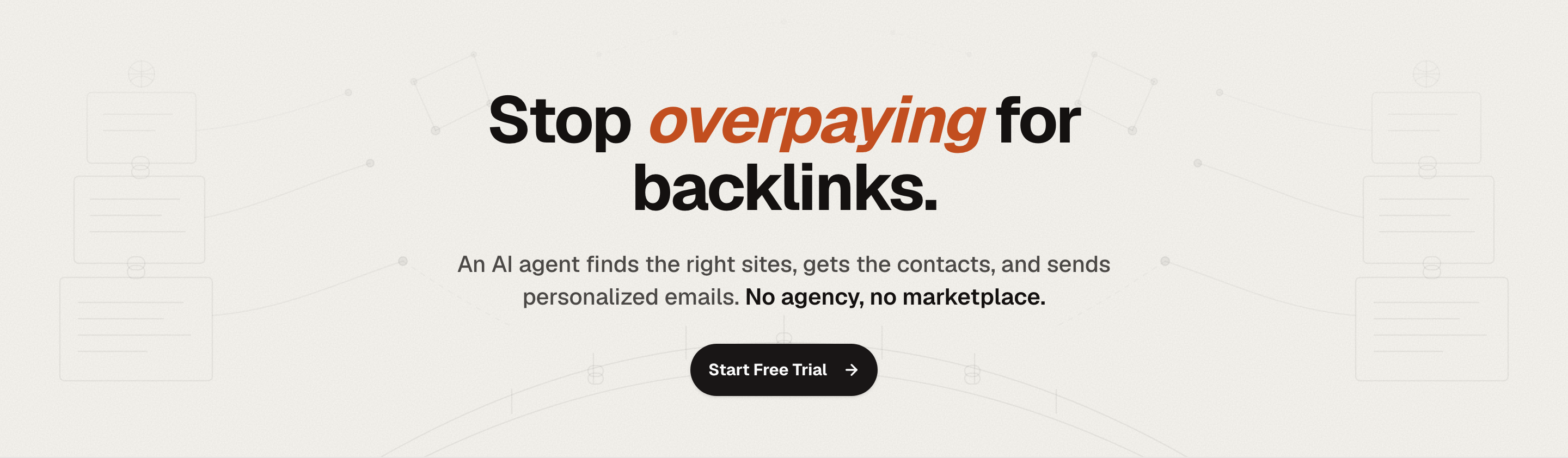 AutoBacklinks homepage section about overpaying for links: a flat monthly subscription for direct outreach instead of a per-link fee to a marketplace or agency.