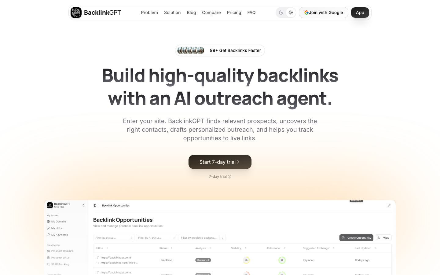 BacklinkGPT homepage with the headline From target keywords to live backlinks in one workflow.