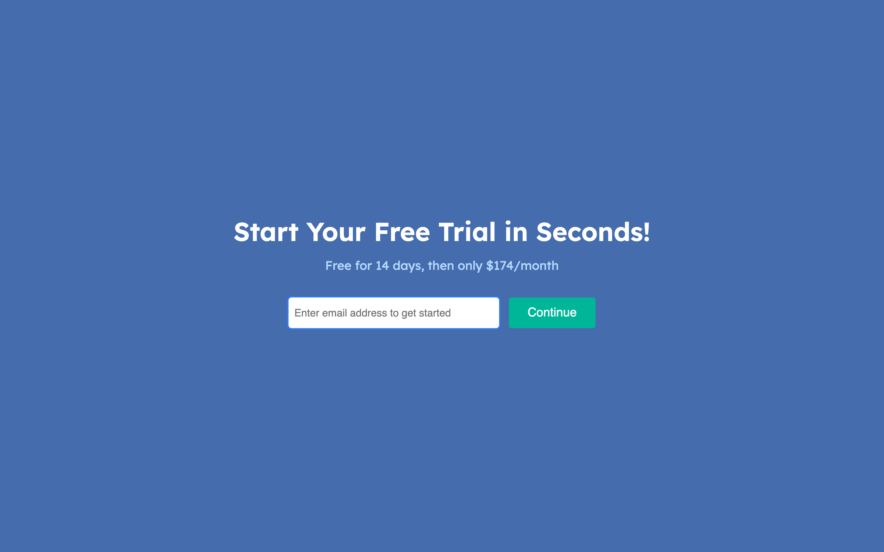 BuzzStream Growth trial signup page reading Start Your Free Trial in Seconds, free for 14 days, then only 174 dollars per month, with an email field and a Continue button.