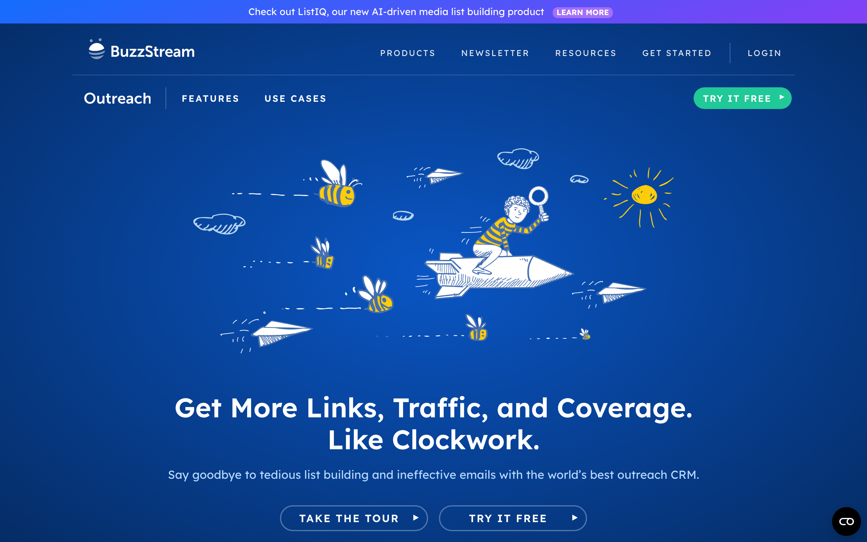 BuzzStream homepage with the headline Get More Links, Traffic, and Coverage. Like Clockwork, describing itself as the world's best outreach CRM, with a banner promoting ListIQ, its separate AI media list product.