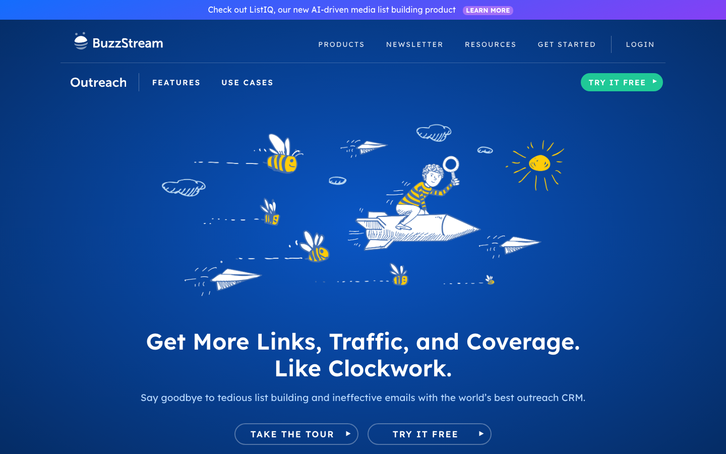BuzzStream homepage with the headline Get More Links, Traffic, and Coverage. Like Clockwork, positioning it as an outreach CRM.