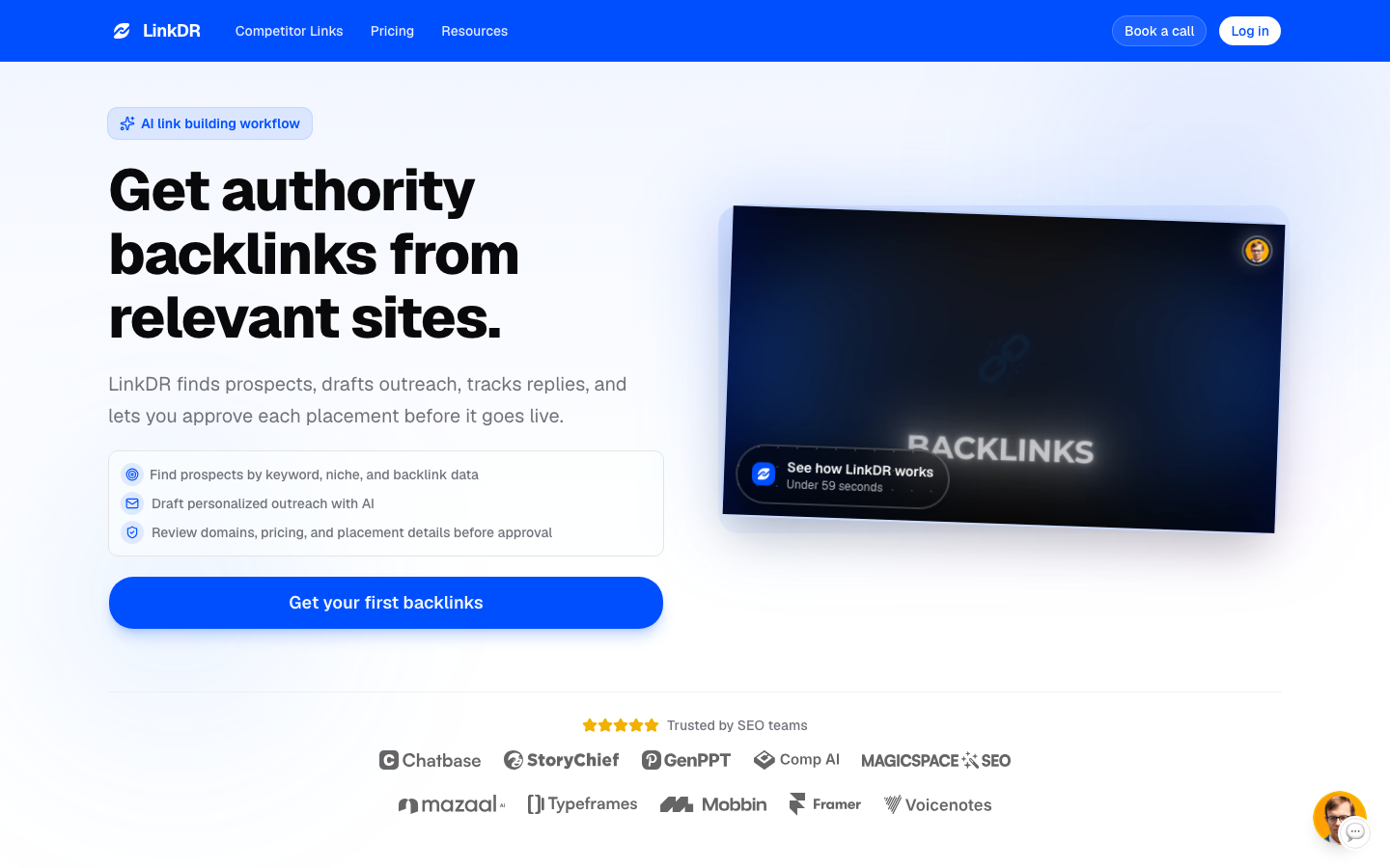 LinkDR homepage with the headline Get authority backlinks from relevant sites, describing a pay-per-link outreach workflow with approval before links go live.