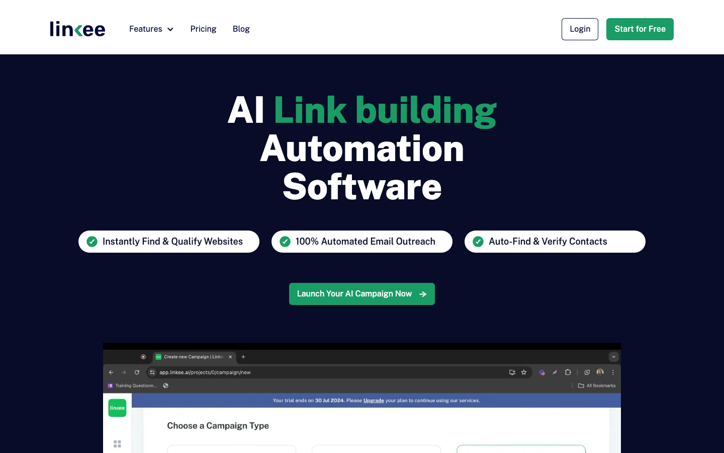 Linkee homepage headlined AI Link building Automation Software, with feature pills for finding and qualifying websites, automated outreach, and verifying contacts.