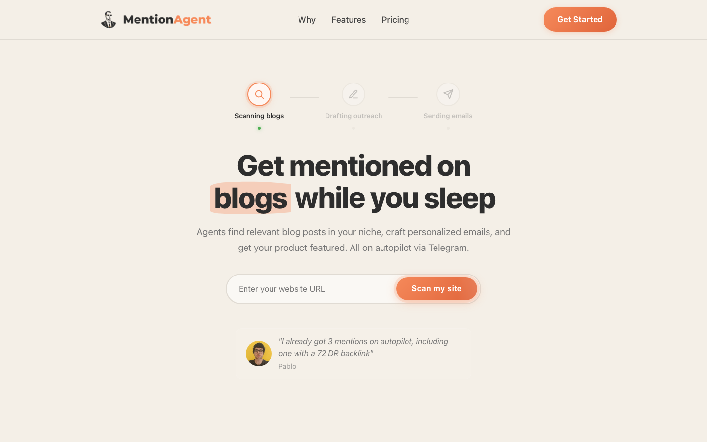 MentionAgent homepage describing agentic outreach and AI link building for B2B SaaS.