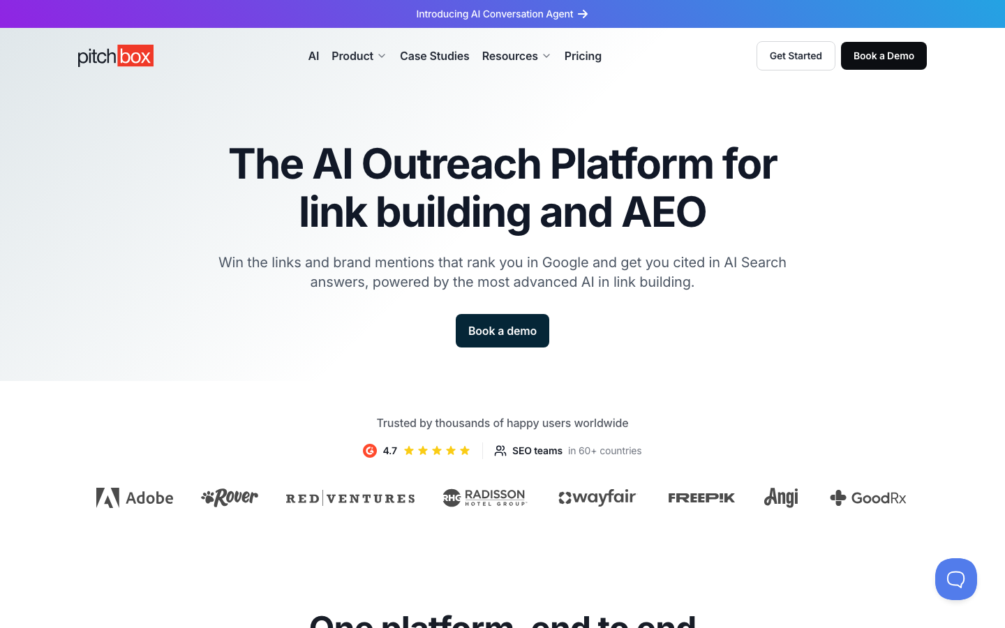 Pitchbox homepage headlined The AI Outreach Platform for link building and AEO, showing a 4.7 G2 rating and customer logos including Adobe, Wayfair, and GoodRx.