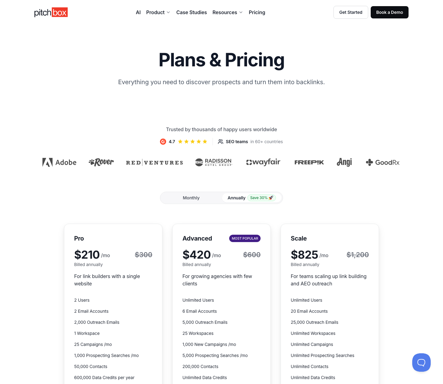 Pitchbox pricing page showing Pro at 210 dollars, Advanced at 420 dollars, and Scale at 825 dollars per month billed annually, with Pro limited to 2 users, 2 email accounts, and 2,000 outreach emails.