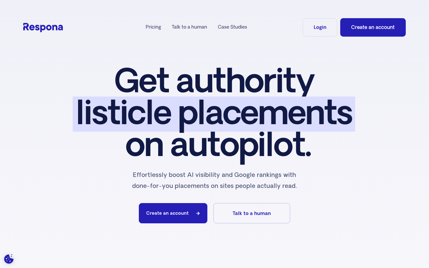 Respona homepage with the headline Get authority listicle placements on autopilot and a done-for-you positioning.