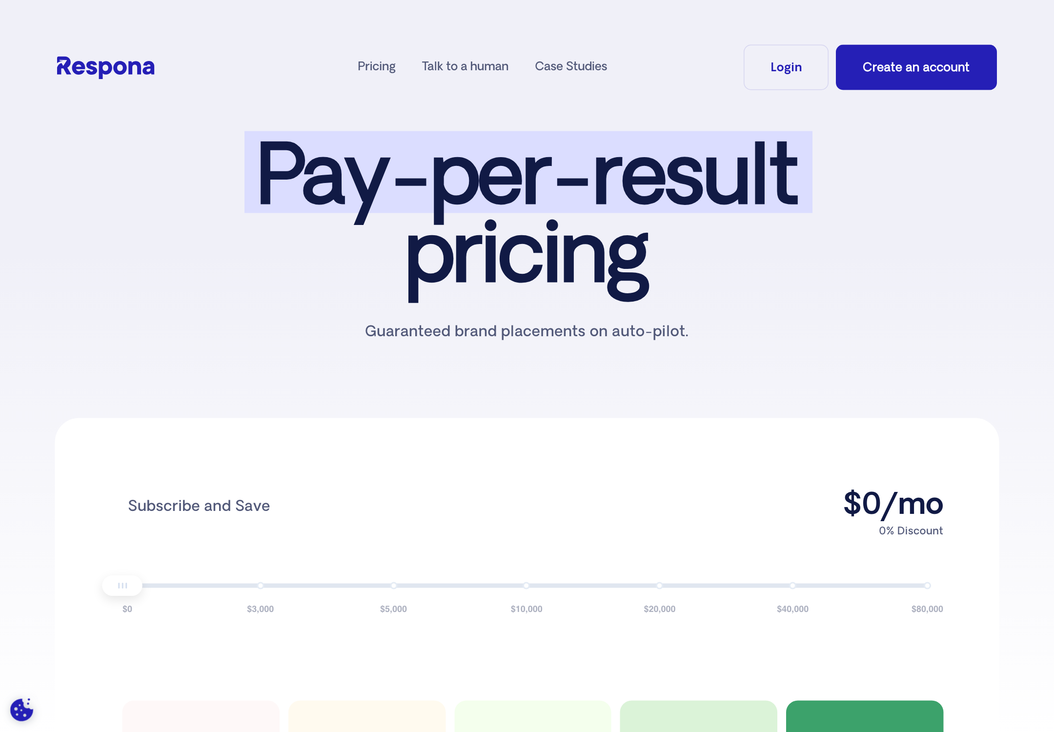 Respona's pricing page headlined Pay-per-result pricing, subtitled Guaranteed brand placements on auto-pilot, with a subscribe-and-save slider running from 0 to 80,000 dollars per month.