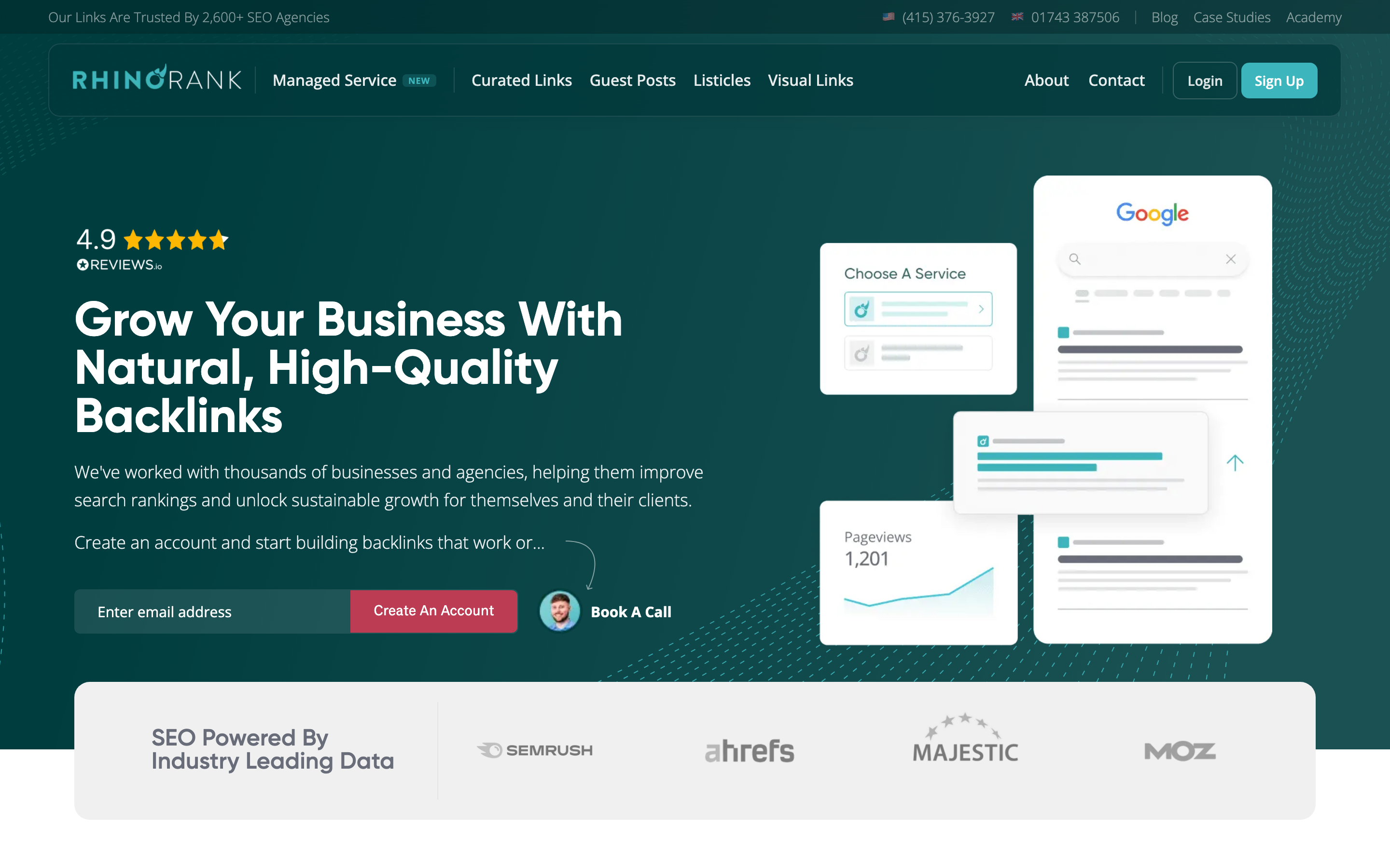 Rhino Rank homepage headlined Grow Your Business With Natural, High-Quality Backlinks, showing a 4.9 rating from Reviews.io, a claim of links trusted by 2,600+ SEO agencies, and logos for Semrush, Ahrefs, Majestic, and Moz.