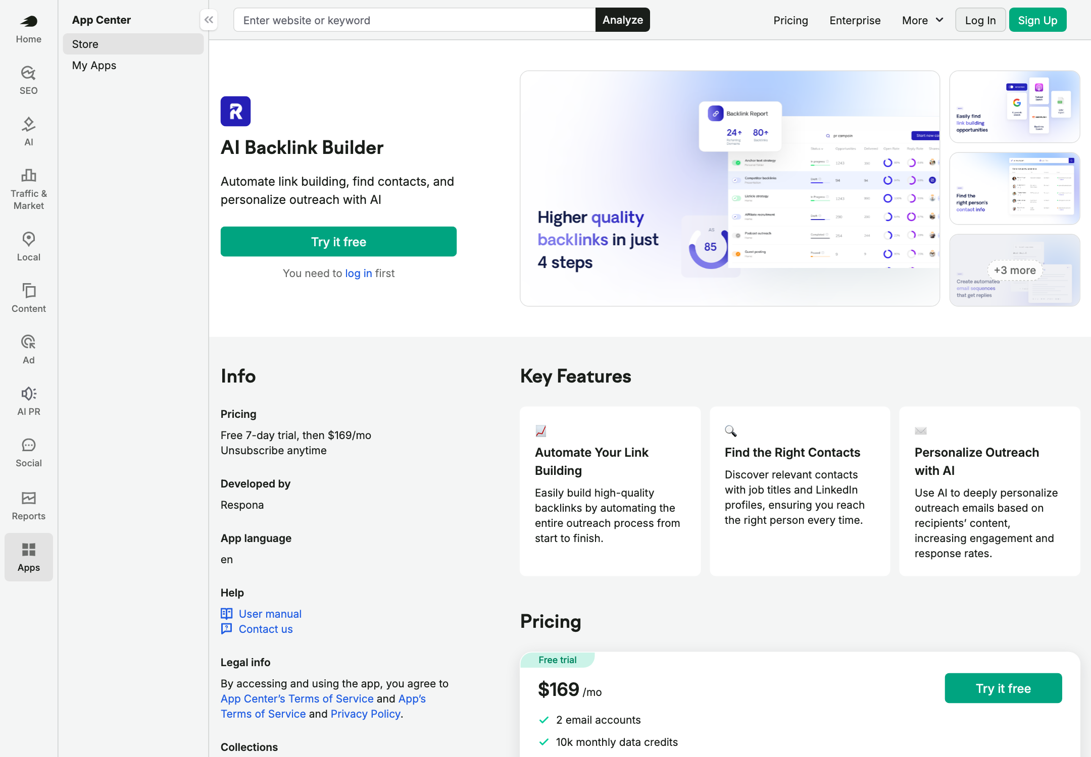 The AI Backlink Builder app page in the Semrush App Center, showing the Respona logo, the tagline Automate link building, find contacts, and personalize outreach with AI, pricing of a free 7-day trial then 169 dollars per month, and Developed by Respona in the info panel.