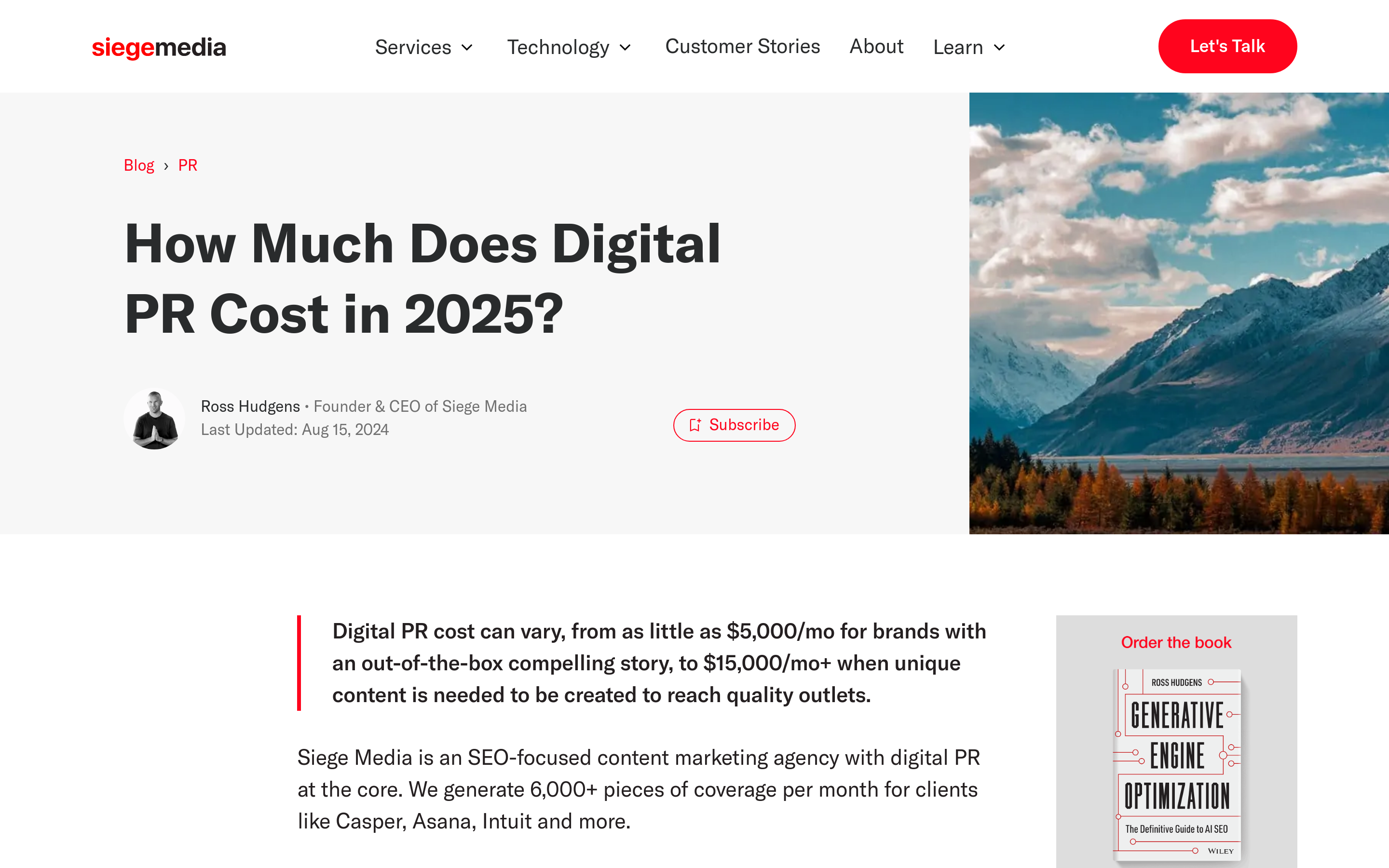 Siege Media digital PR cost page