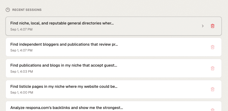 AI Agent recent sessions list with saved discovery requests and delete actions