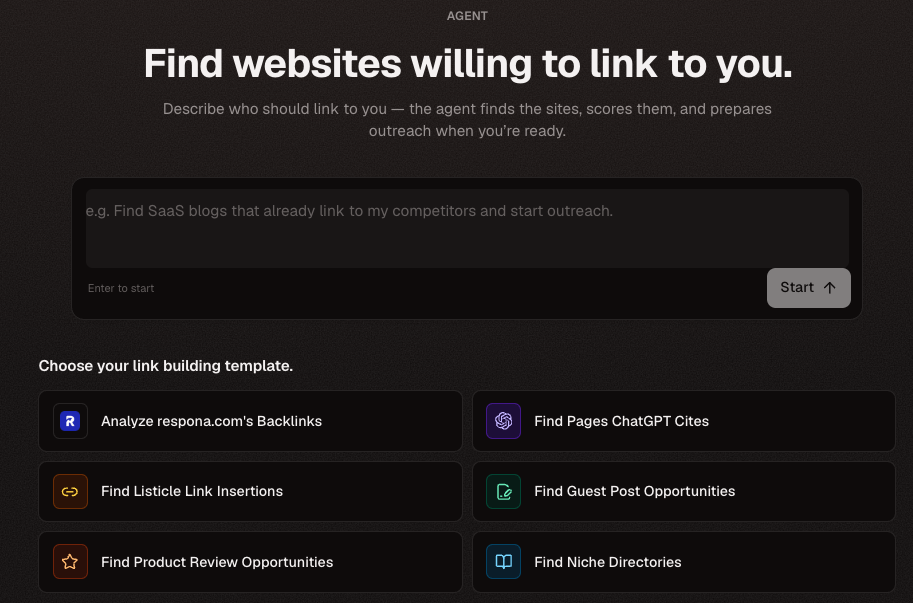 AI Agent start screen with templates for competitor backlinks, ChatGPT sources, listicles, guest posts, product reviews, and directories