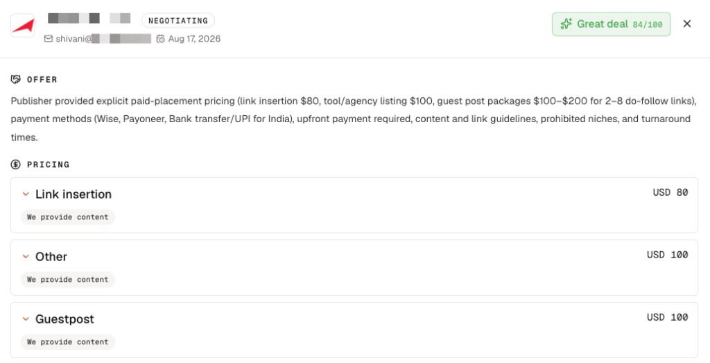 AI Reply Analyzer showing an offer summary, extracted placement prices, content responsibility, and deal score