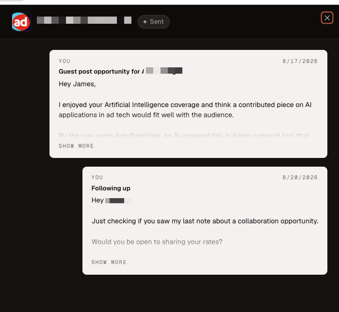 Prospect communication history showing the first email and a follow-up