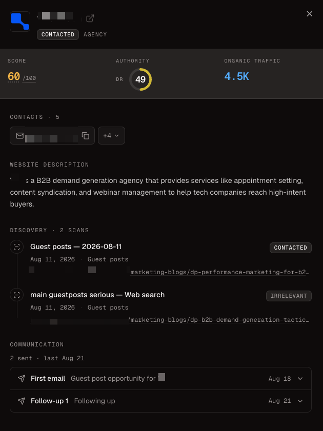 Campaign prospect details showing quality signals, contacts, discovery history, and communication