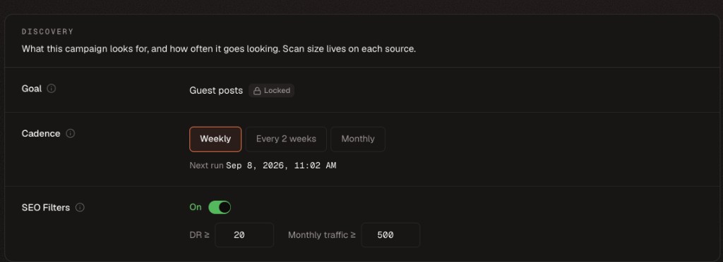 Campaign discovery settings showing a locked goal, cadence, and SEO filters