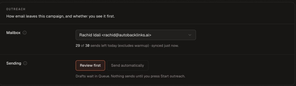 Campaign outreach settings showing the mailbox and review-first or automatic sending modes