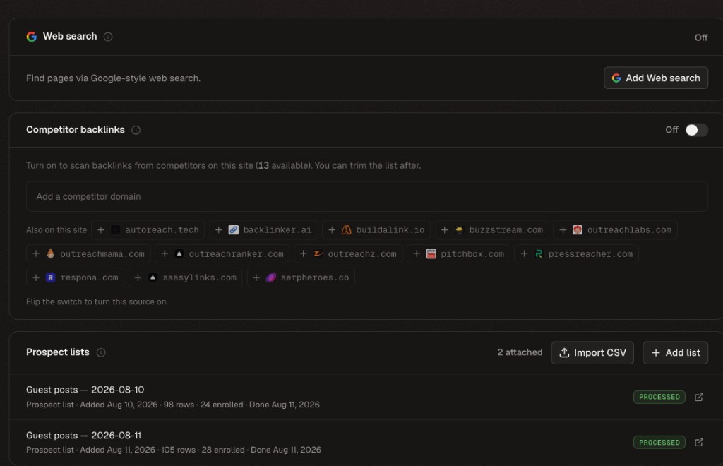 Campaign Sources tab with web search, competitor backlinks, prospect lists, and CSV import