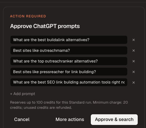 AI Agent approval card containing five editable ChatGPT prompts