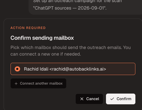 AI Agent asking the user to confirm the campaign sending mailbox