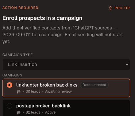 Campaign enrollment card with existing campaigns and Create a new campaign