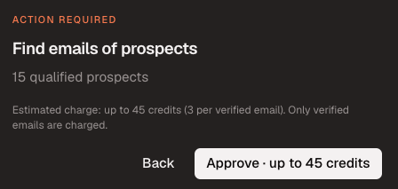 AI Agent approval card for finding prospect email addresses