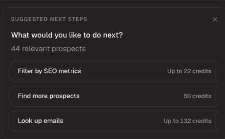 Suggested next steps offering SEO filtering, more prospects, or email lookup