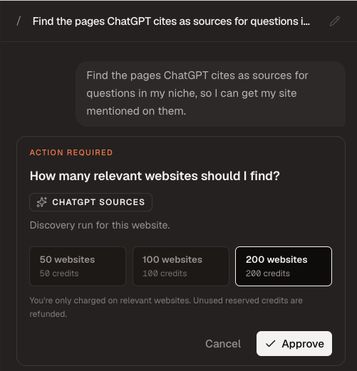 AI Agent asking how many ChatGPT Sources websites to find